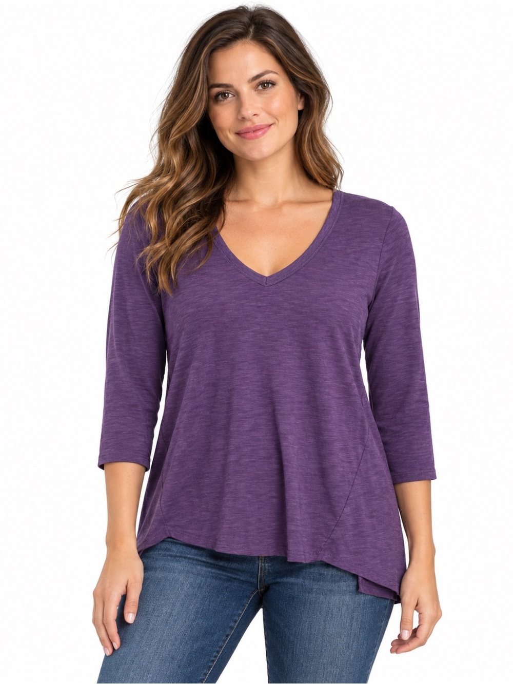 V-Neck 3/4 Sleeve Swing Top in Purple - 1121